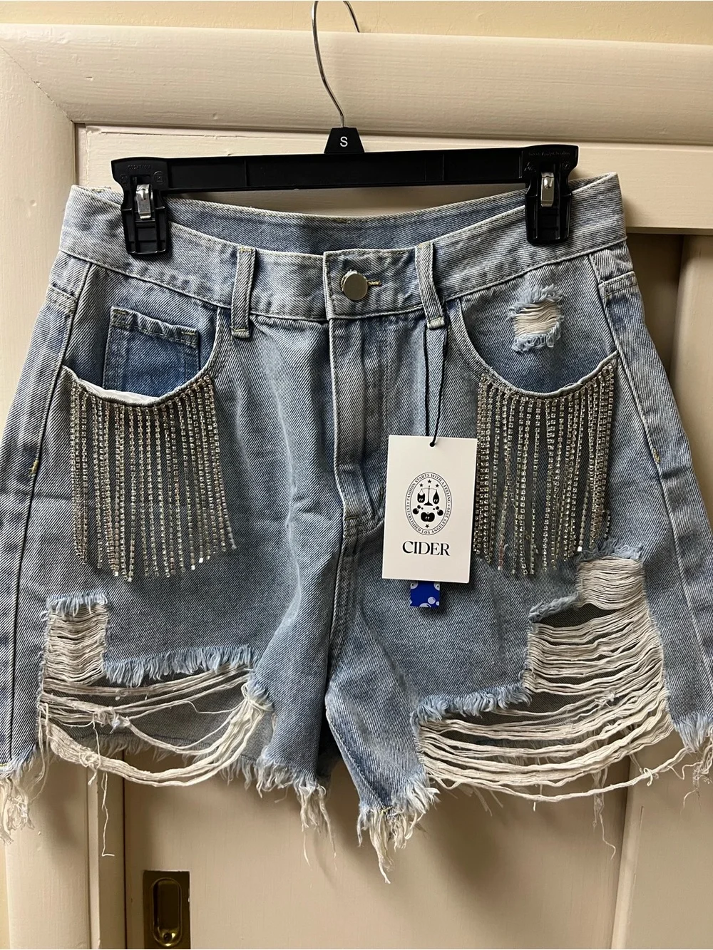 Cider Light Blue Distressed Denim Shorts with Rhinestone Fringe Pockets